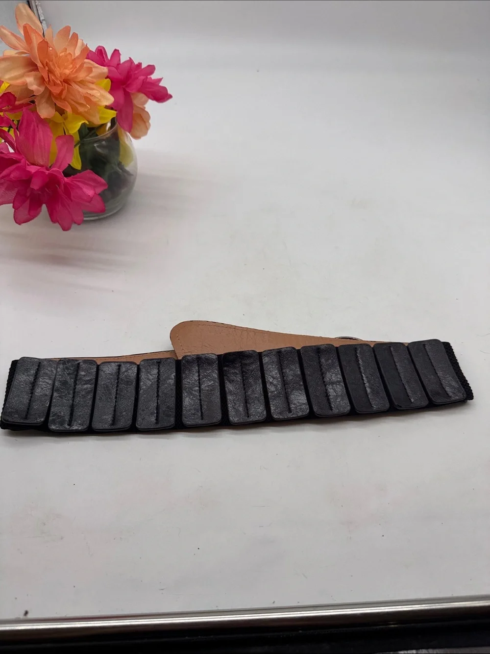 Black Studded Elastic Waist Belt with Ring Buckle